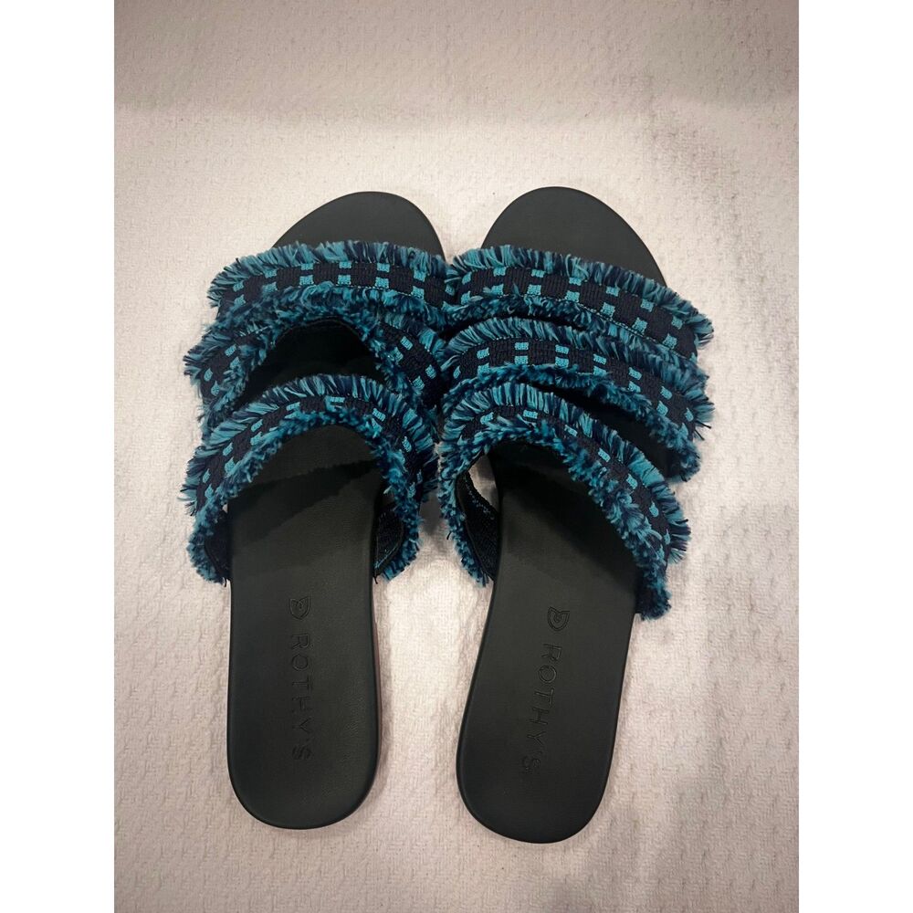 Rothy’s Women’s 7.5 Teal Blue Boho Tassel Slip-On Sandals Summer Slides - Picture 2 of 8